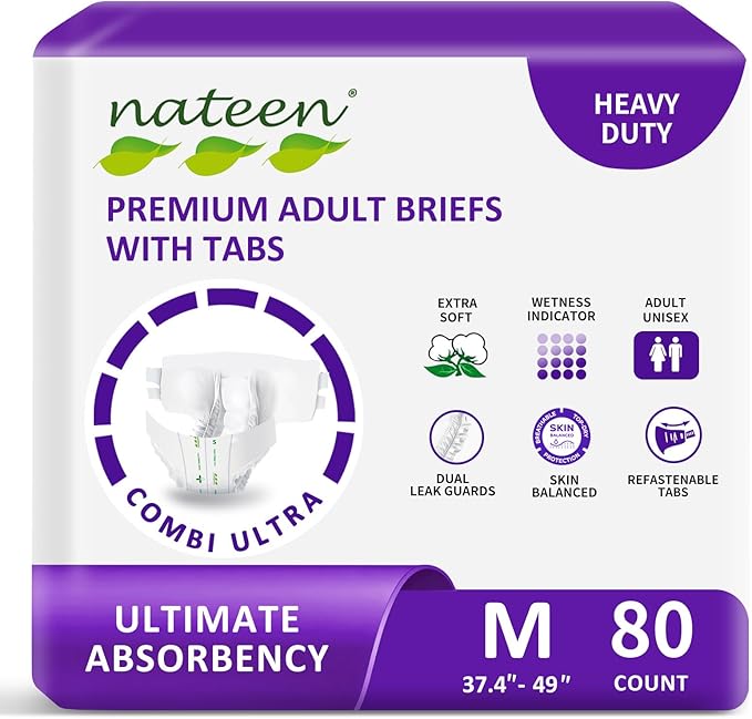 Nateen Combi Ultra Adult Diapers with Tabs for Women and Men, Ultimate Absorbency Protective Incontinence Briefs, Heavy Duty, Leakproof and Skin-Friendly Incontinence Underwear.Medium, 80Count