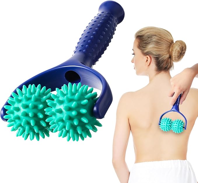 Handheld Spiky Massage Balls Rollers, 2 Wheel Spiky Massage Ball Rollers Silicone Manual Massage Roller with Handle Pressu...