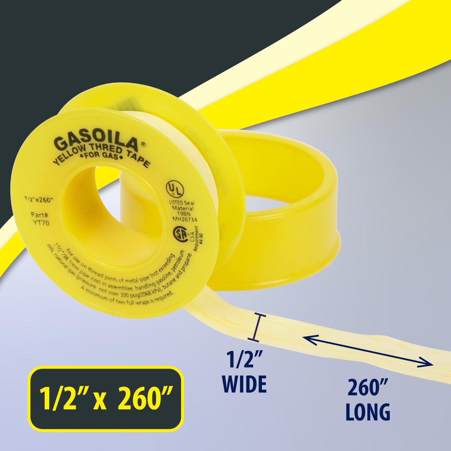 Gasoila Yellow PTFE Thread Seal Tape – Professional-Grade, 1/2 Inch x 260 Inch, High-Density Thread Tape for Gas Lines– Leak-Proof Seal, Non-Toxic