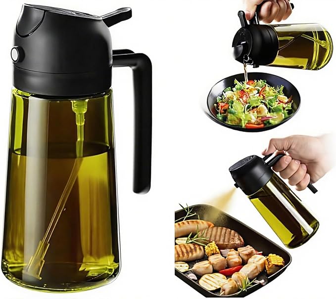 16oz/470ml Glass Olive Oil Sprayer for Cooking, 2 in 1 Oil Dispenser for Kitchen Spray and Pour, Premium Light-Blocking Oil Bottle, Food-Grade Spray Bottle, for Salad, Air Fryer, BBQ (Green)