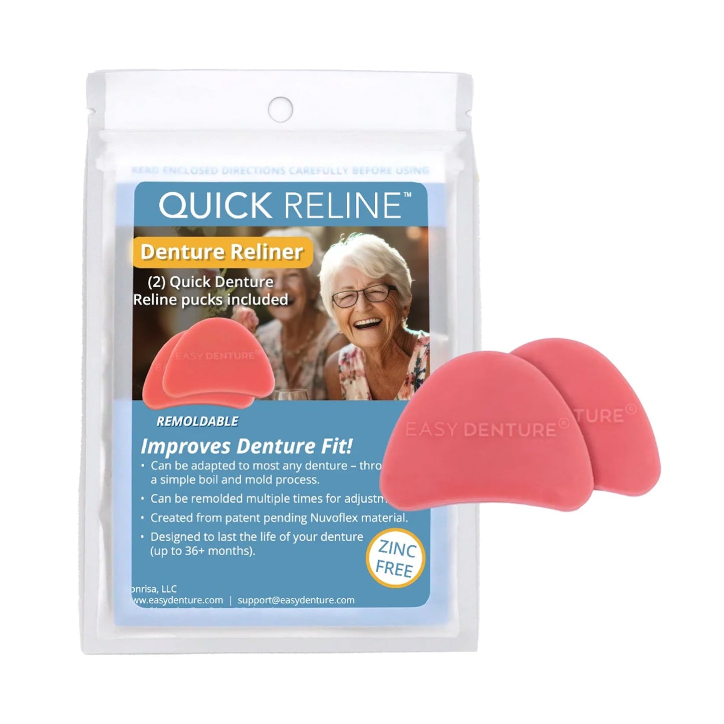 Quick Reline (Boil & Fit) Denture Reliner Kit; For Use with Full or Partial Denture, 2 Denture Reline pucks included with each kit, Remold and adjust mulitple times, Zinc-free, No More Loose Dentures!