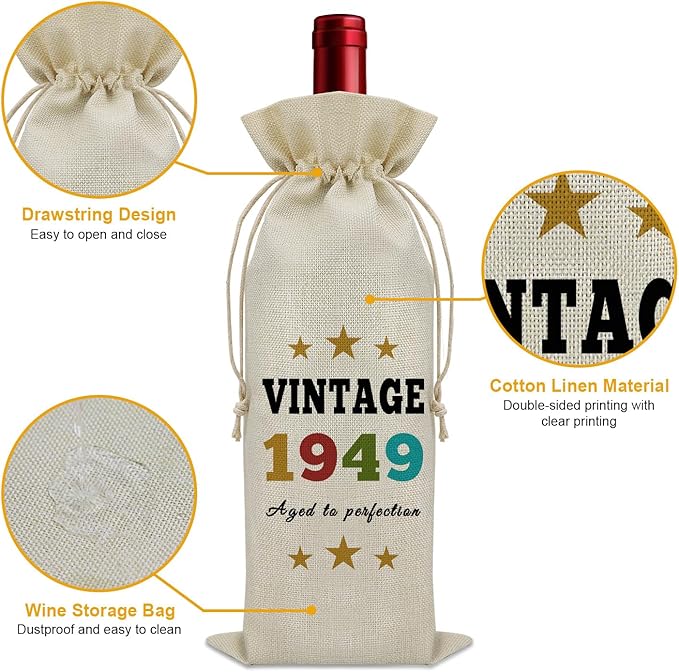 Sazuwu Vintage 1949 Gifts for Women Men Wine Bag Happy 75th Birthday Mom Gifts 75 Year Old Birthday Gifts for Dad Wine Accessories Gifts for Wine Lovers Turning 75 Gifts for Grandma Grandpa