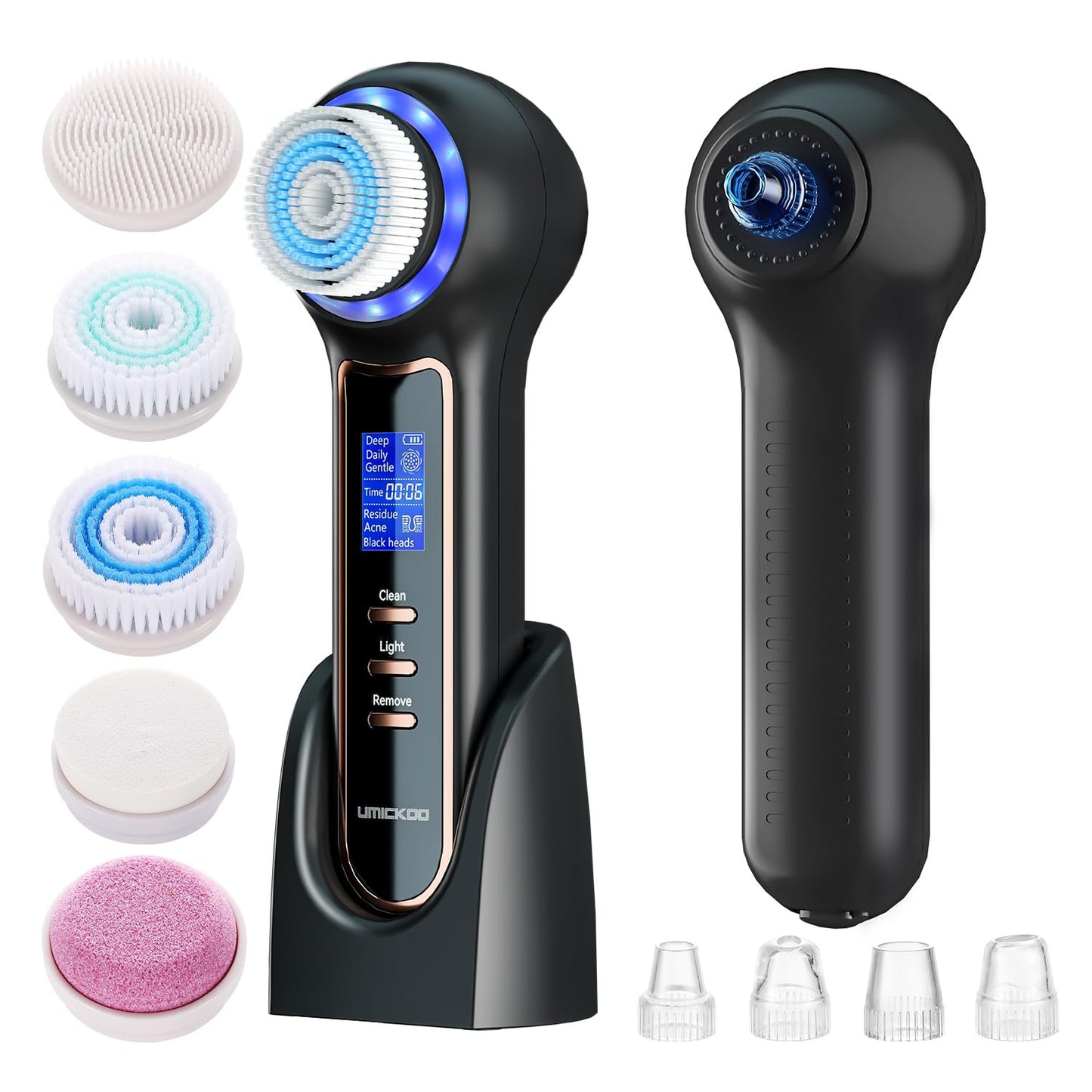 UMICKOO Face Scrubber Exfoliator with LCD Screen,Rechargeable Facial Cleansing Brush IPX7 Waterproof 3 in 1 Blackhead Remover Va
