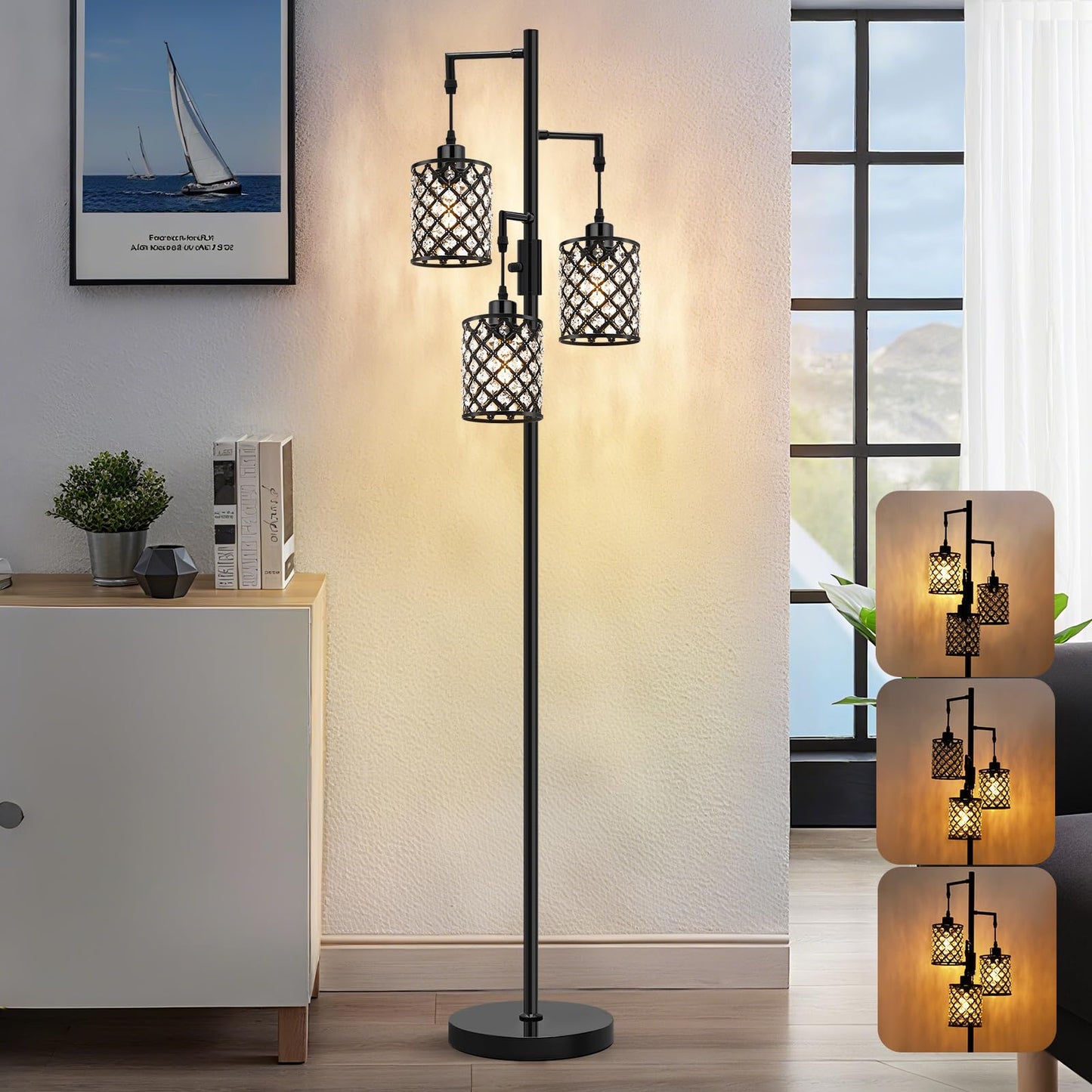 GyroVu 3-Light Floor Lamp with K9 Crystal Shade, Black Metal, Model G-1FL-1769C, Modern Design for Living Room and Home Office