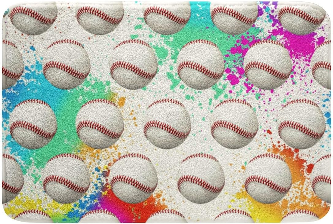 Feelyou Boys Baseball Polyester Bath Rug Ball Games Themed Soft Fleece Door Carpet for Kids Boys Girls Rainbow Graffiti Non Slip Bath Mat Ball Gaming Bathroom Floor Indoor Doormat,20x32 Inch
