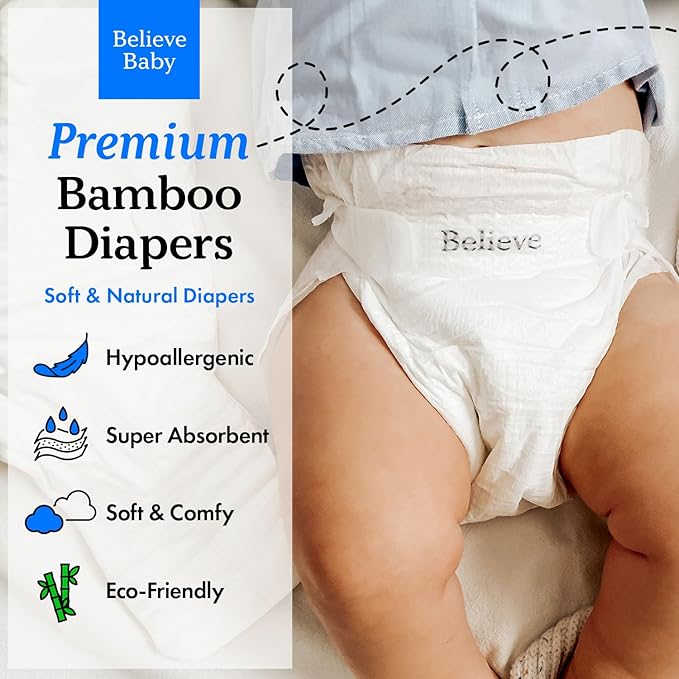 Believe Diapers Size Newborn (<10Lbs) Viscose Bamboo Diapers 36 Count – Natural Baby Diaper, Chemical Free and Fragrance Free Natural Diaper for Sensitive Skin, Super Absorbent with Leak Protection