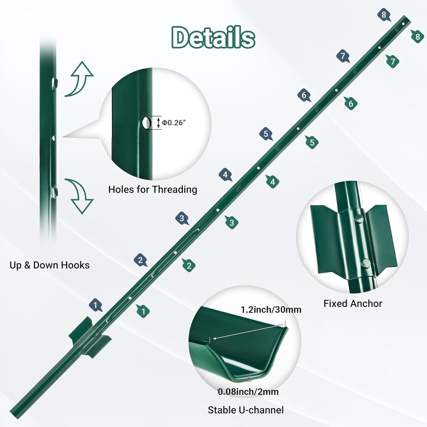 Fence Posts 4.8 Ft - 16 Pack, Heavy Duty Metal Fence Post, No Dig U Post for Farm, Garden, Orchard and Outdoor Wire Fencing (Green)