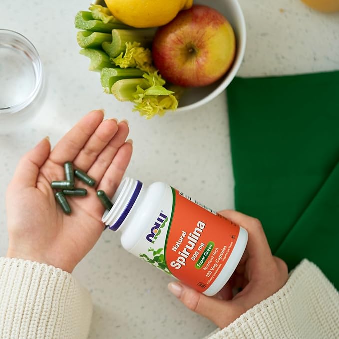 NOW Foods Supplements, Natural Spirulina 500 mg with Beta-Carotene (Vitamin A) and Vitamin B-12, and naturally occurring Protein and GLA (Gamma Linolenic Acid), 120 Veg Capsules
