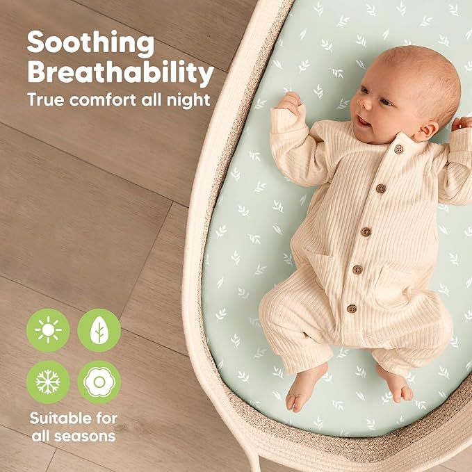 2-Pack Organic Bassinet Sheets for Girls, Boys - 100% Cotton Bassinet Mattress Sheets Compatible with Halo Bassinest Swivel Sleeper, Graco, Baby Delight, Chicco, Unisex Fitted Bassinet Sheets (Herb)