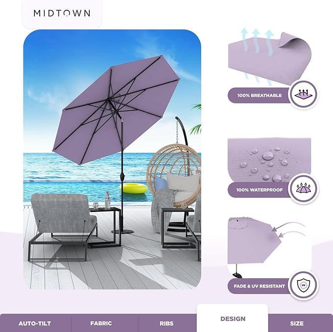 Midtown Umbrellas 10-Year-No-Fade - 9 Ft - UV Proof Purple Polyester Fabric - Umbrella Outdoor Patio, Auto-Tilt Aluminum Frame Patio Umbrella for Garden, Pool & Deck - Black Pole