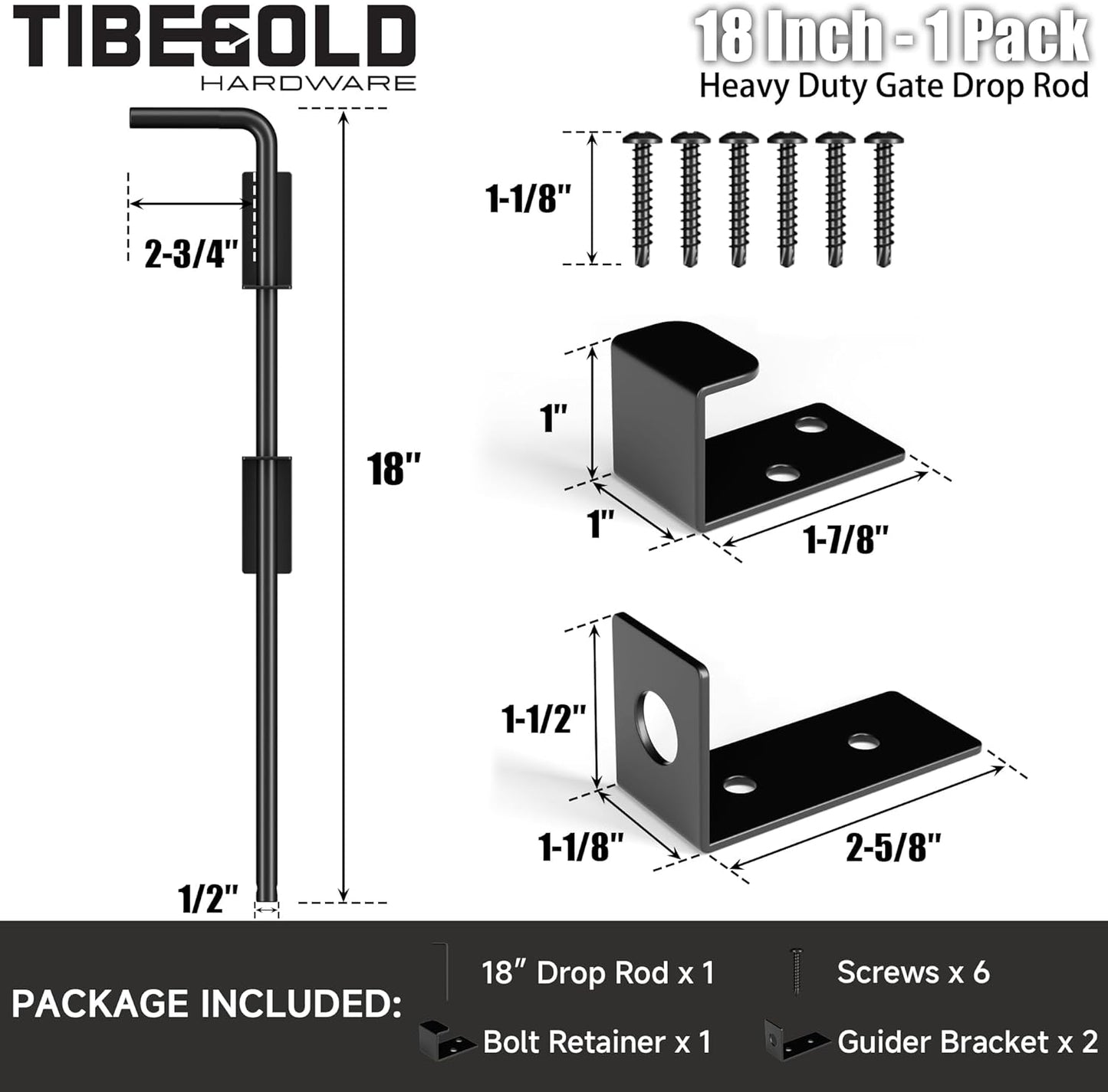 18" Heavy Duty Cane Bolt Gate Drop Rod, Extra Thick Gate Ground Latch Hardware for Wood PVC Vinyl Metal Fences Gates, Wrought Iron Doors Stopper Gate Latches, Black Finish, 1 Pack