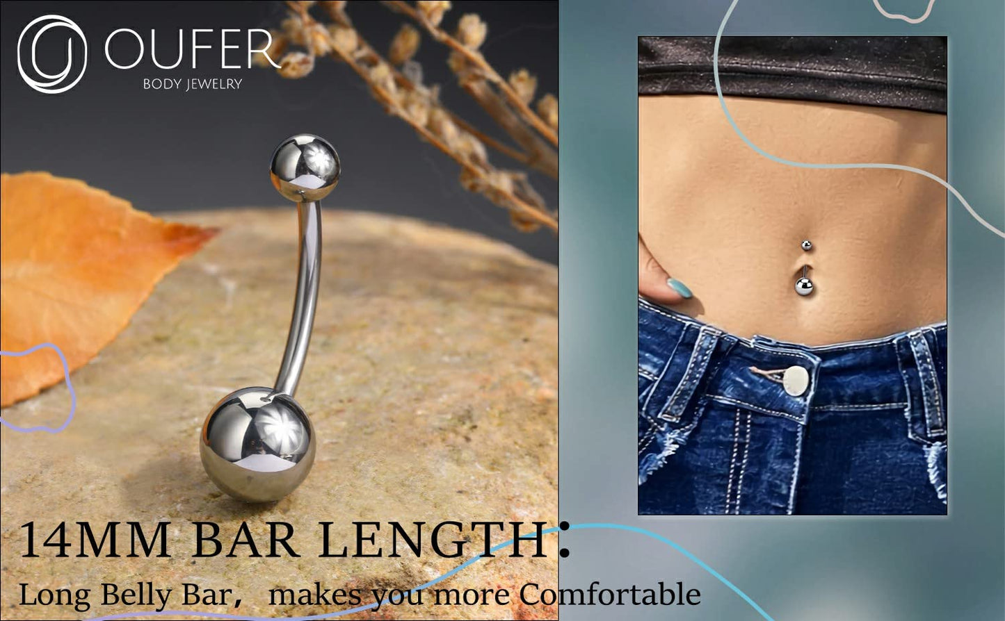OUFER Titanium Belly Button Rings, Internally Threaded 14mm Long Belly Ring, Round CZ Navel Rings for Women Men (Silver Ball)