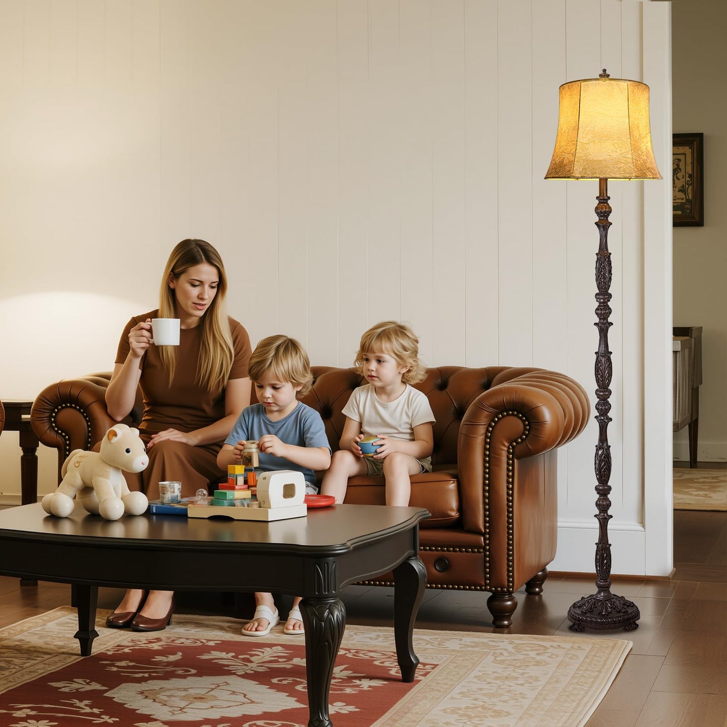 Scenekoy Vintage Floor Lamp, 66·Tall, Dark Brown Resin, Faux Leather Shade, 3-Way Adjustable, Model SL038