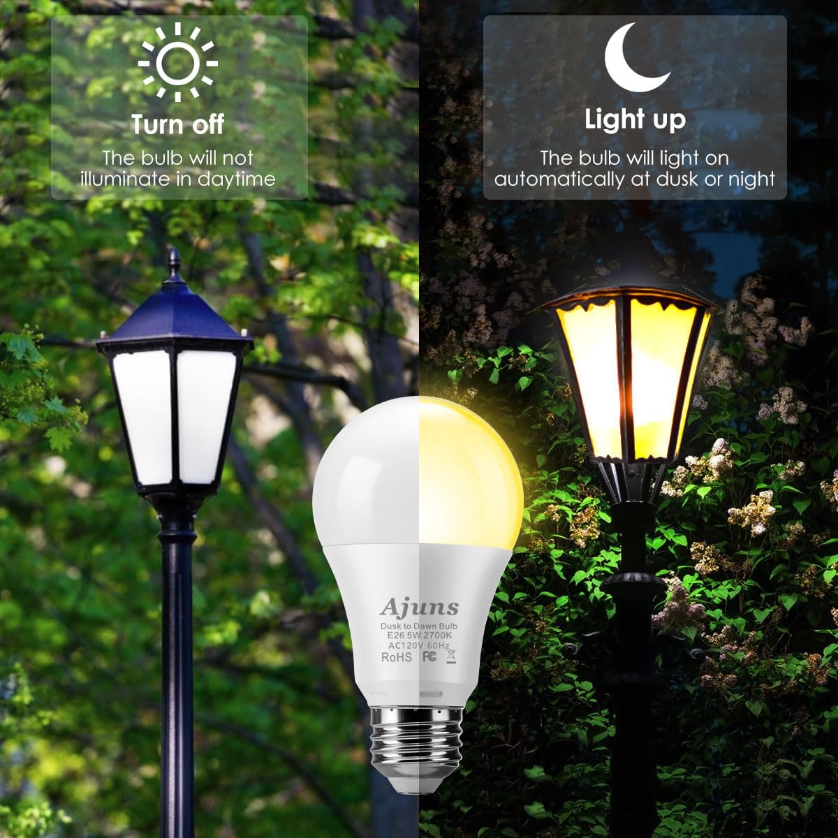 Ajuns Dusk To Dawn Led Light Bulb, 5W E26, 2700K Warm White, 2-Pack, Automatic On/Off, Ideal For Porch & Garage Lighting