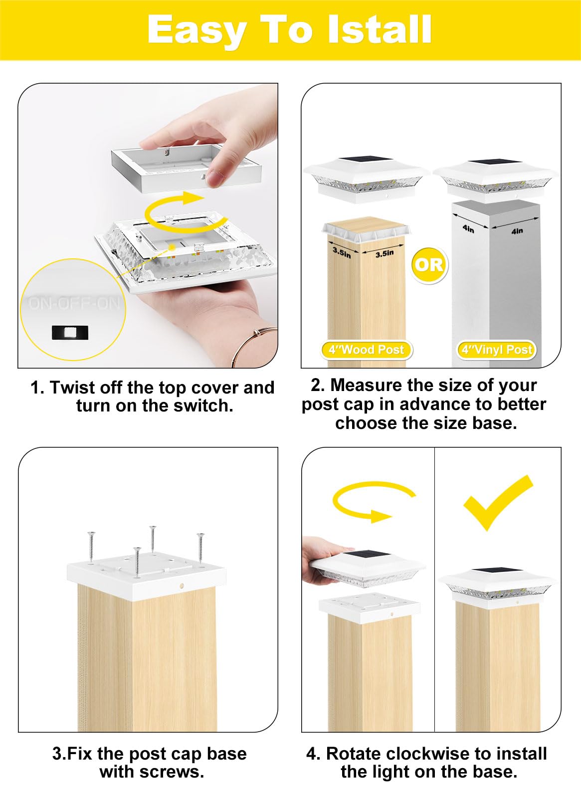 T-Sun 4X4 Post Cap Lights 12 Pack For Vinyl/Wooden Fence Auto Dusk To Dawn Outdoor Waterproof Warm & Cool White Solar Powered Deck/Patio Lighting