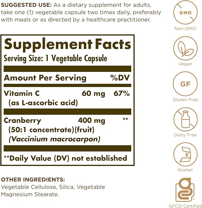 SOLGAR Cranberry with Vitamin C - 60 Vegetable Capsules, Pack of 2 - Supports Urinary & Bladder Health - Non-GMO, Vegan, Kosher, Gluten Free - 120 Total Servings