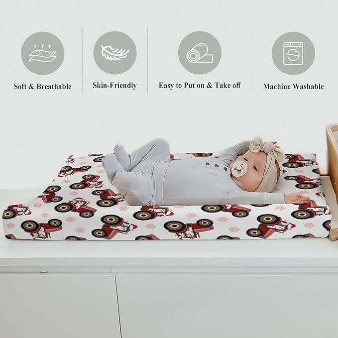 Red Tractors Snowflakes Baby Changing Pad Covers for Boy Girl Christmas Farm Tractor Harvest Fitted Change Table Cover Mats Farmhouse Trucks Vehicle Soft Diaper Changing Table Sheets 32''×16''