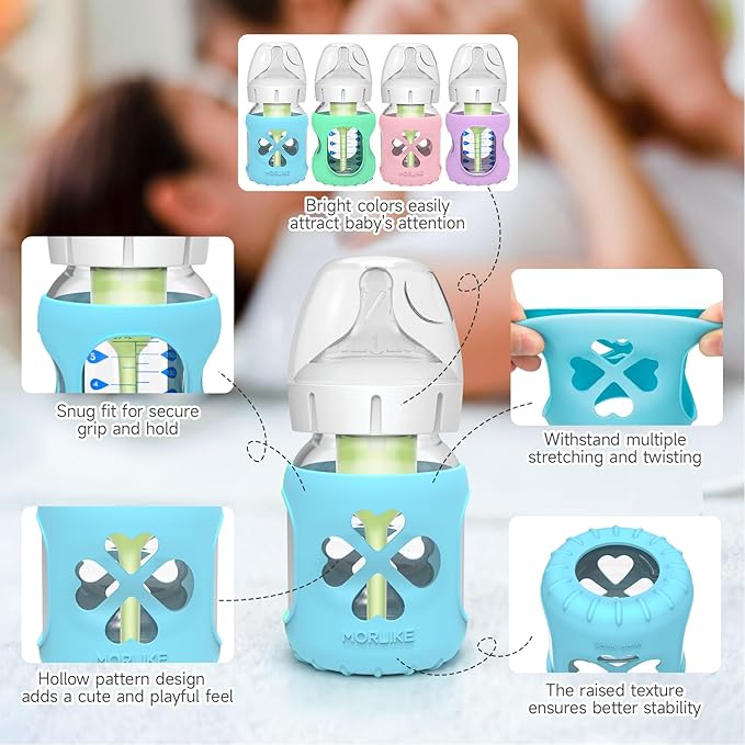 MORLIKE 4 Pack Silicone Sleeves Only Fit 5 oz/150 mL Dr. Brown's Wide Neck Glass Baby Bottle, 100% Silicone Covers Protect Baby Glass Bottle, Easy to Grip Bottle Holders for ‎WB53700-WEB ‎WB51700-P4