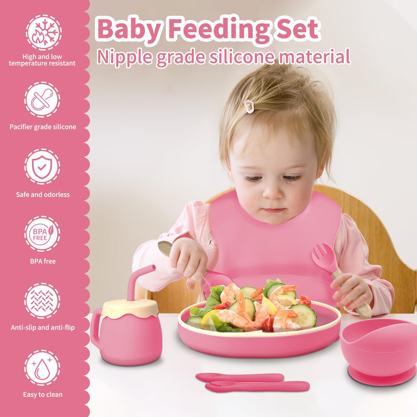 ARCASA Silicone Feeding Set, 9 Pcs Plates and Utensils, Includes Placemat, Suction Plate, Bowl, Adjustable Bib, Sippy Cup, Fork, Spoon for Babies 6+ Months (Pink)