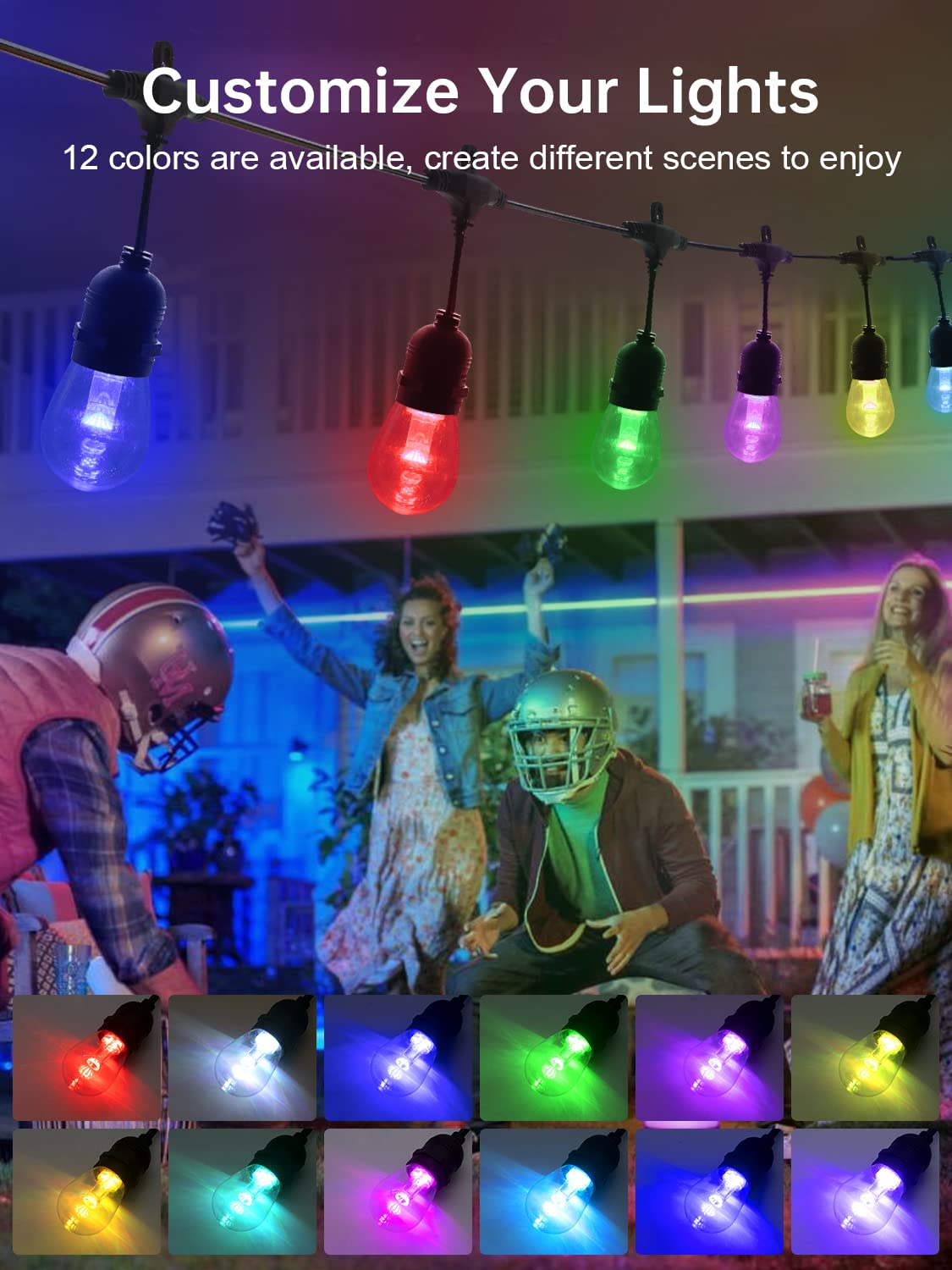 LSOOBZ LED Outdoor String Lights - 96FT, Multicolor, Shatterproof, Waterproof, Remote Control, Dimmable, RGB