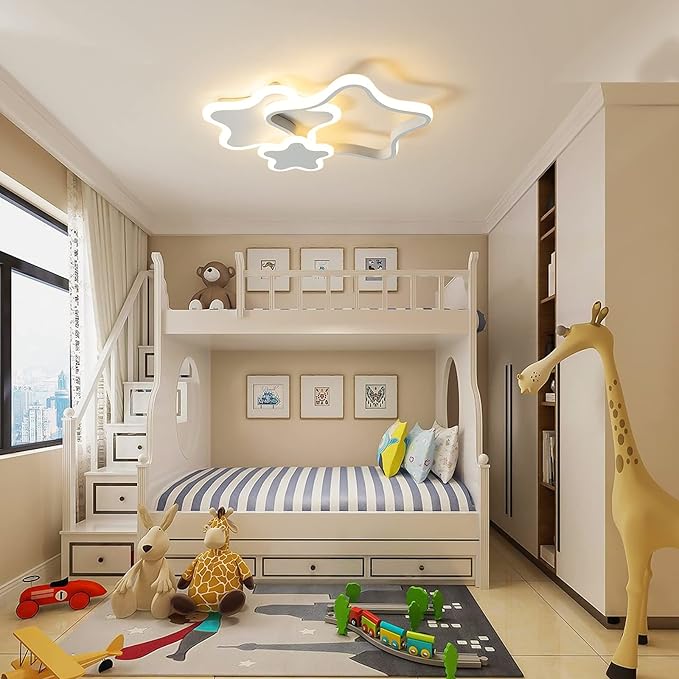 Tioolo Dimmable LED Ceiling Light, Creative Cartoon Star Ceiling Lamp, Acrylic LED Chandelier with Remote, Modern Flush Mount Chandelier Lighting Fixture for Boys Girls Bedroom Living Room, 32W/White