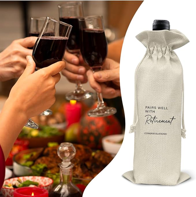 HOIJAUMAI Retirement Gift Wine Bag, Retired Gifts for Women Men, Going Away Goodbye Farewell Gifts for Coworker Friends, Pairs Well with Retirement Burlap Drawstring Wine Bag