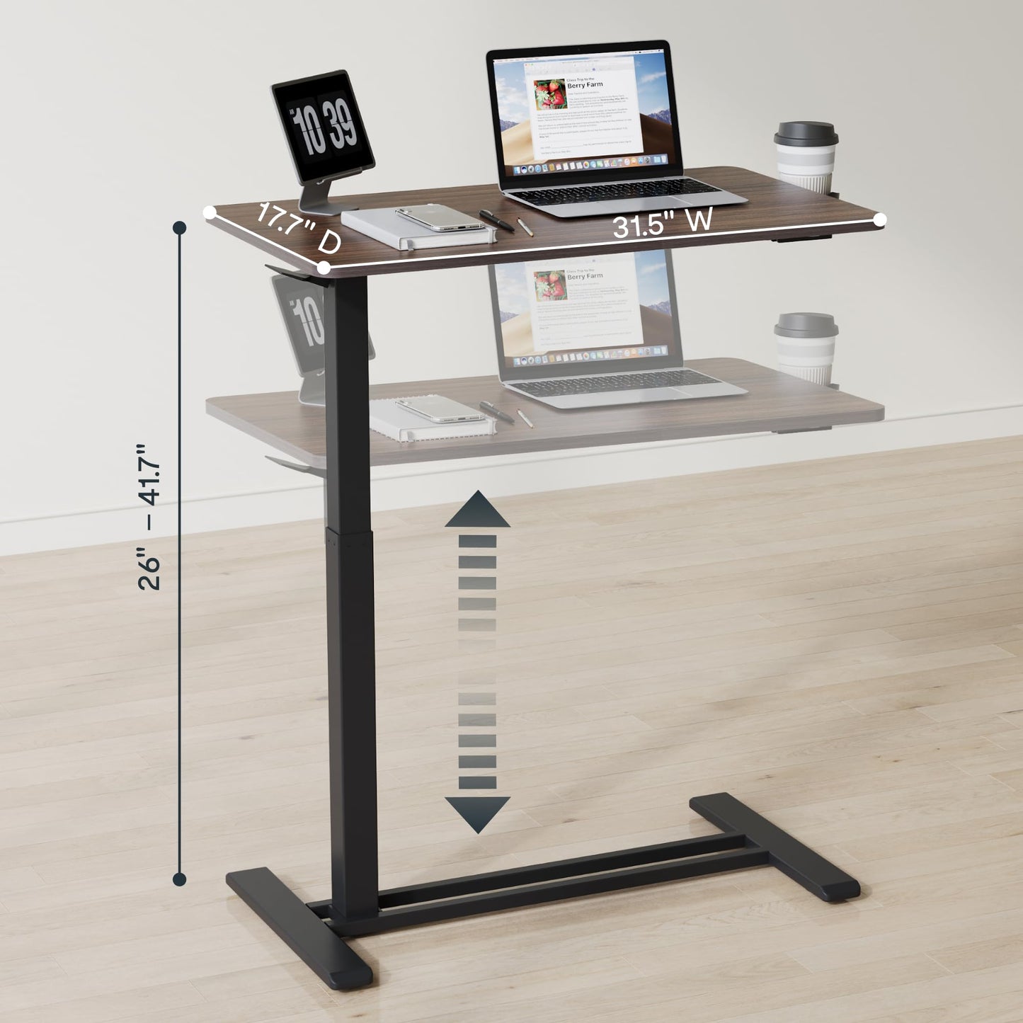 FLEXISPOT Medical Adjustable Overbed Bedside Table with Wheels Pneumatic Mobile Standing Desk Laptop Desk Rolling Computer Cart Movable Table Hospital Home Use(31.5" W x 17.7" D, Mahogany Large)