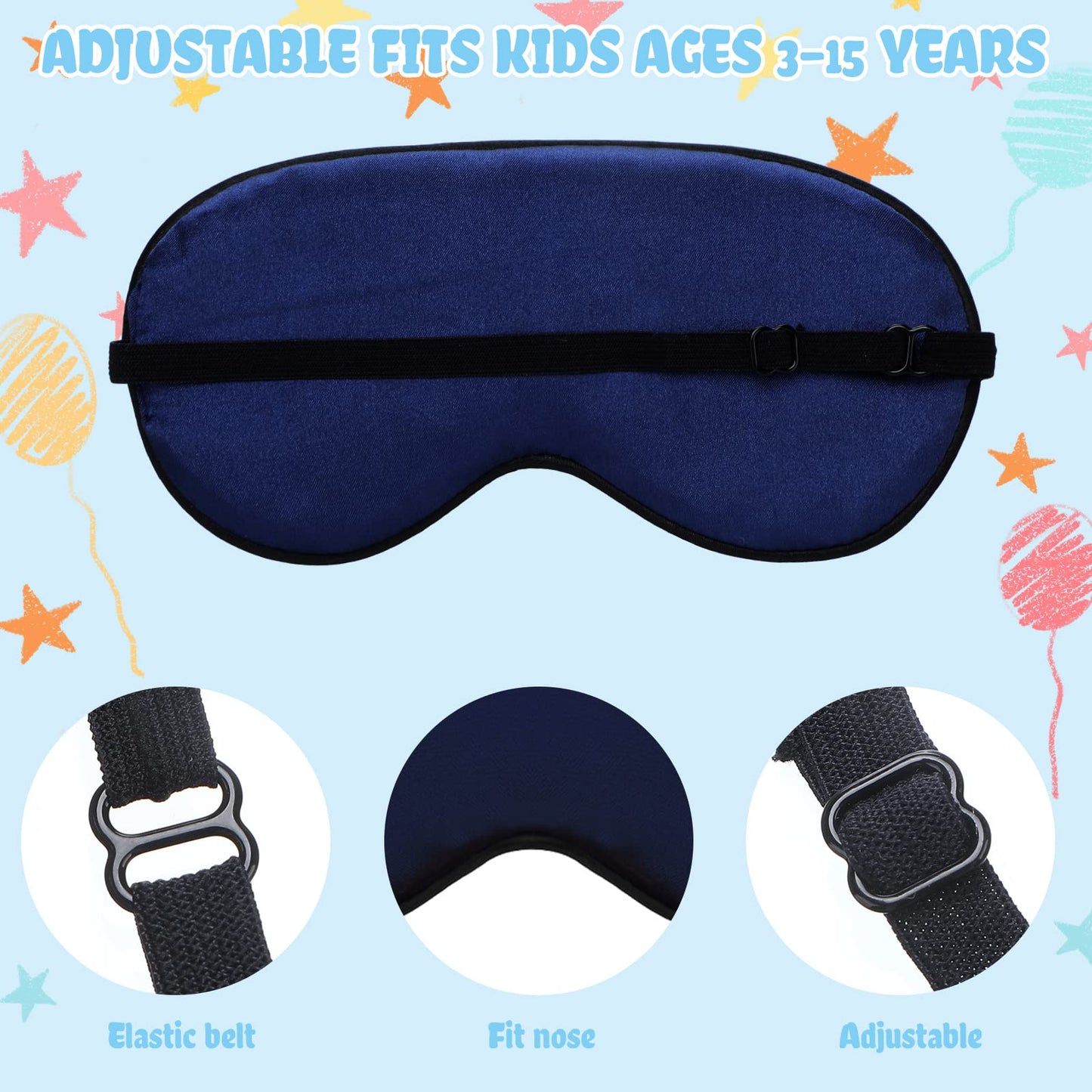 Sintege 4 Pcs Silk Eye Mask for Sleeping Kids Soft Eye Cover with Adjustable Strap Blindfold for Kids Boys Girls Christmas Travel Gift Nap Shade Blocking Light(Black, Navy Blue)
