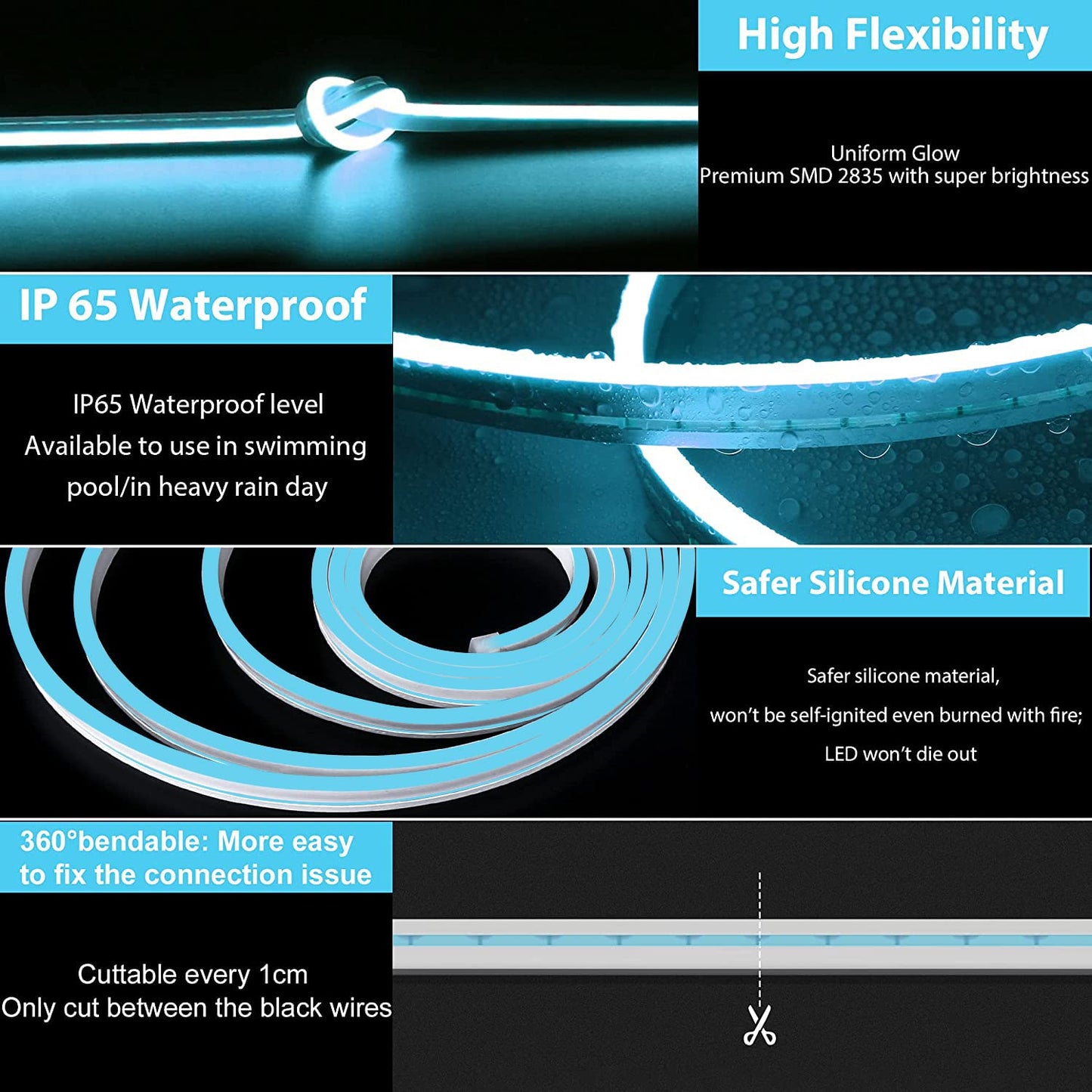 Lamomo LED Neon Strip Light, 16.4ft Waterproof Silicone, Ice Blue, 12V, 1cm Cut, DIY Neon Sign for Indoor/Outdoor Decoration