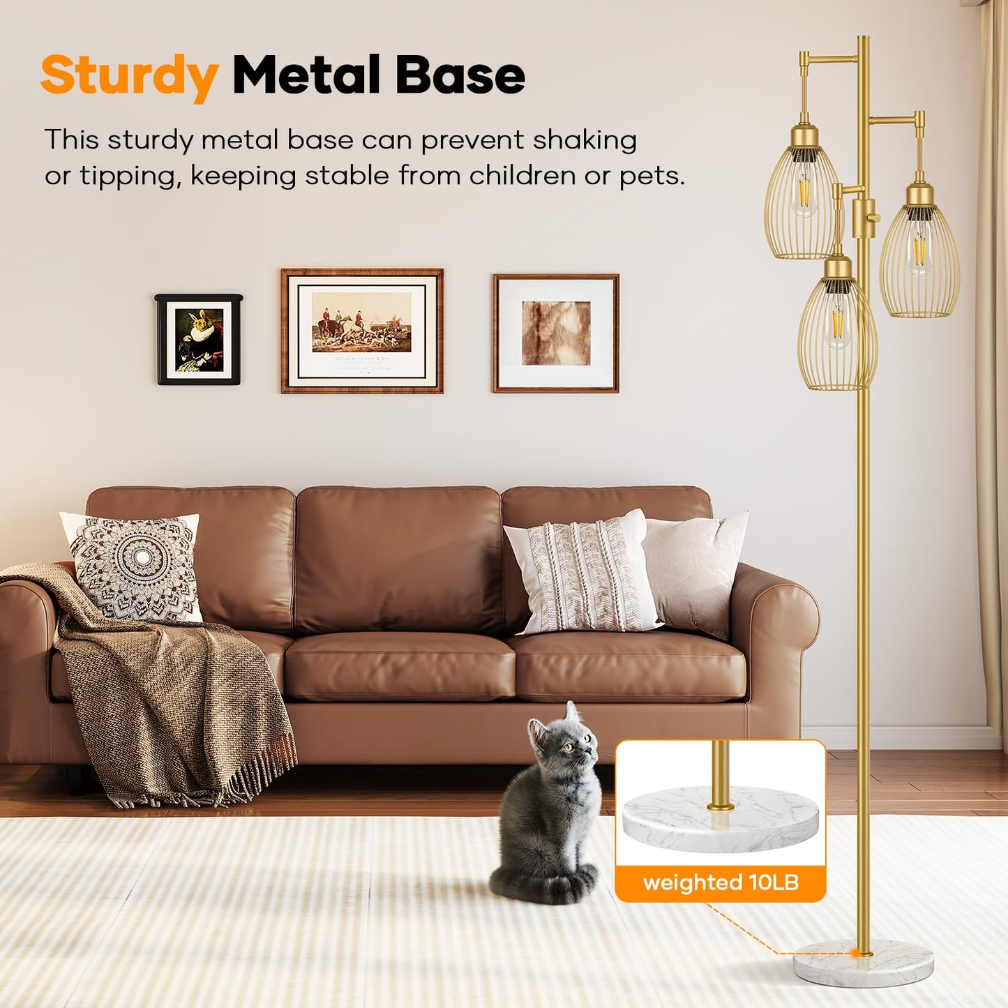 Nintiue Dimmable Floor Lamp with 3 LED Bulbs, 70 inches, Gold & Marble Base, Model FL1908, Industrial Style for Living Room & Office