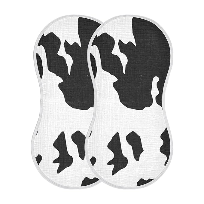 Muslin Baby Burp Cloths Set of 4, Soft Absorbent Animal Cow Print Muslin Washcloths, Bibs, Face Towel for Newborn Boys Girls, 22 x 11 Inch