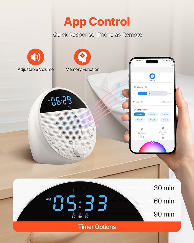 VEVOR Sound Machine, 18 Soothing Sleep Sounds and 7-Color Night Light, 5-in-1 White Noise Sound Machine with Dual Alarms, Auto-Off Timer and Memory Function, for Baby, Adults, Home, Office & Travel