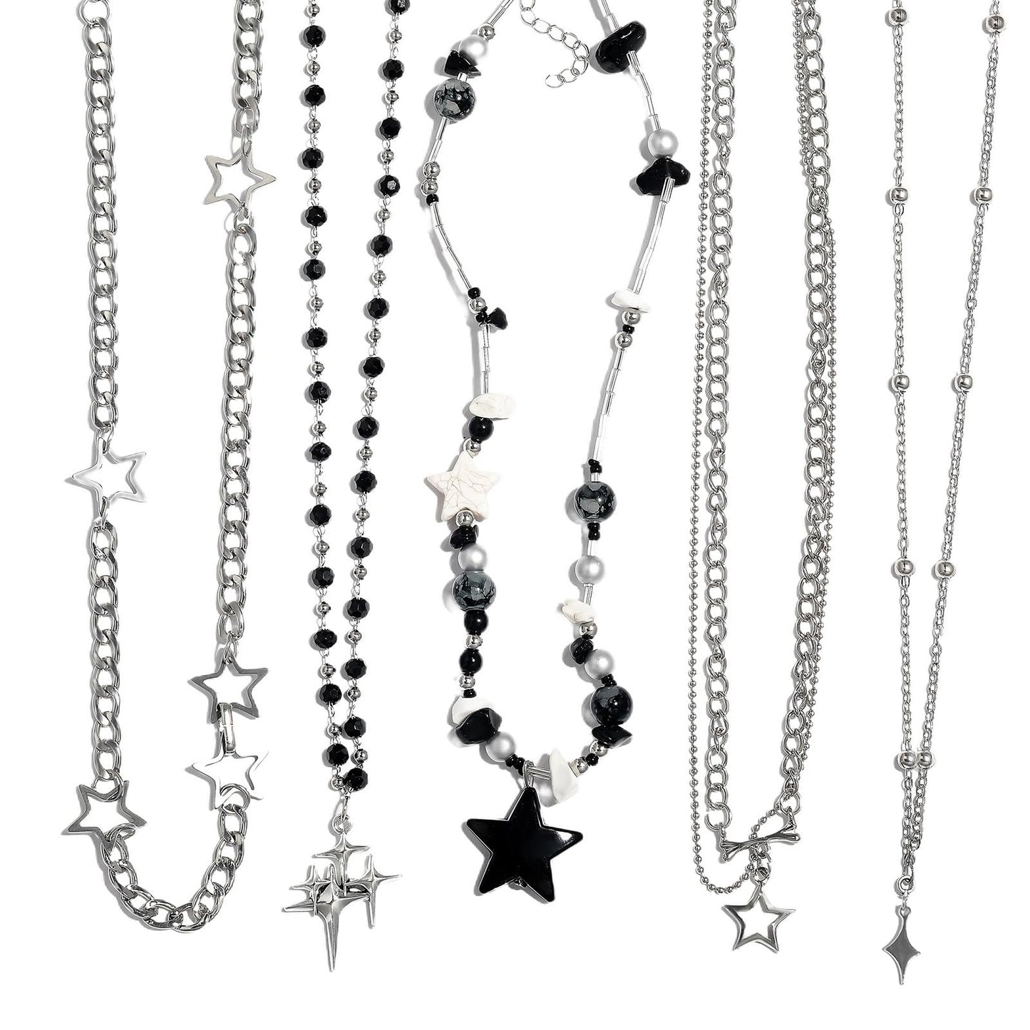 LIRUNQIN 5PCS Y2K Gothic Necklace Set – Star Pendant, Beaded Silver Chain, Grunge Emo Jewelry Pack – Alt Accessories for Women– Fairy Grunge, Alternative, Goth & Y2K Jewelry