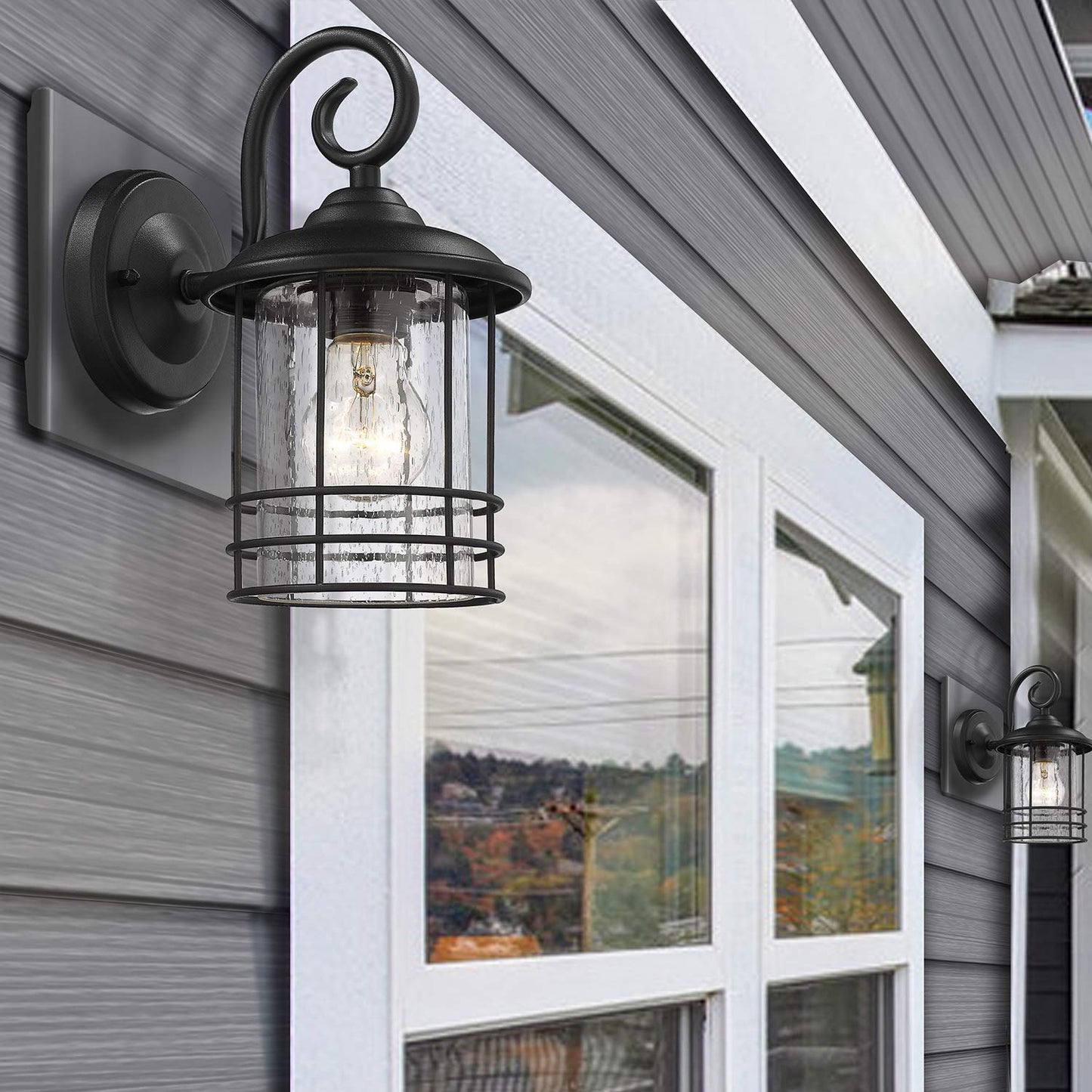 Micsiu Textured Black Outdoor Wall Light 2 Pack, 10 Metal Lantern With Clear Seedy Glass, Model A19010 For Entryway, Patio, And Garage