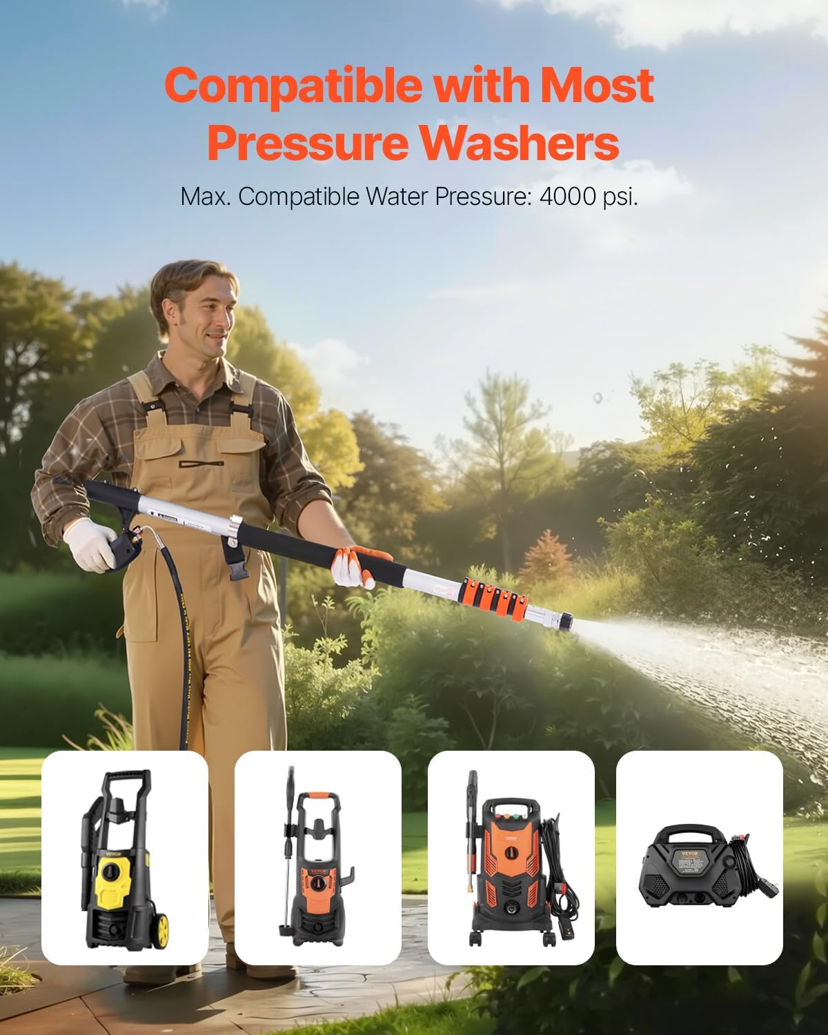 VEVOR Pressure Washer Telescoping Wand, 24 ft, 4000 psi, Telescopic Spray Wand with Power Washer Extension Wands, Gutter Cleaner, Pivoting Coupler, 7 Spray Nozzle Tips and Adjustable Support Harness