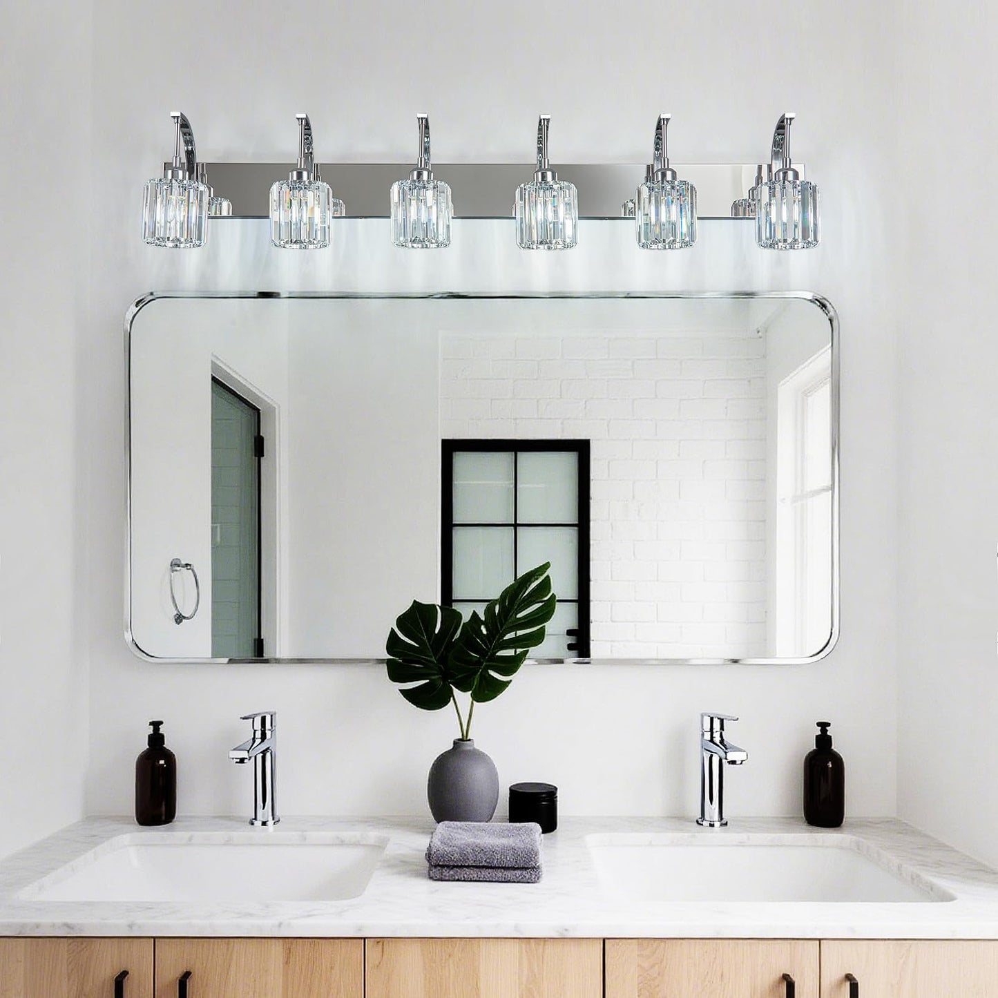Fdpby 6-Light Crystal Vanity Light  Chrome Modern Wall Sconce With K9 Crystal Shades  51.18 Long Over Mirror Lighting For Bathroom  Makeup  Hallway  Elegant & Easy Install