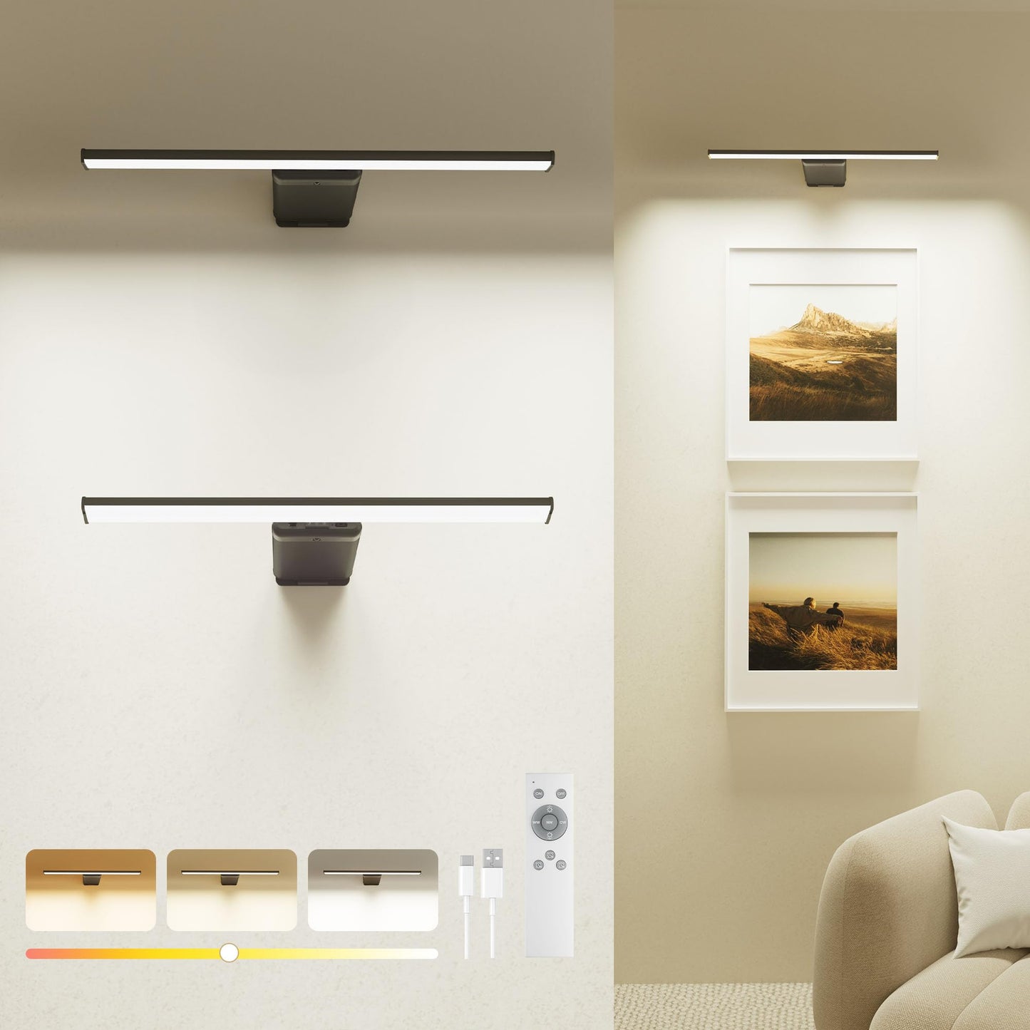 2 Pack Picture Light for Wall Rechargeable Art Light with Remote, 3 Colors & 5 Brightness Levels, 12000mAh Battery Operated Lights for Pictures,Painting,Gallery, Bedroom, Hallway, Frame, Living Room