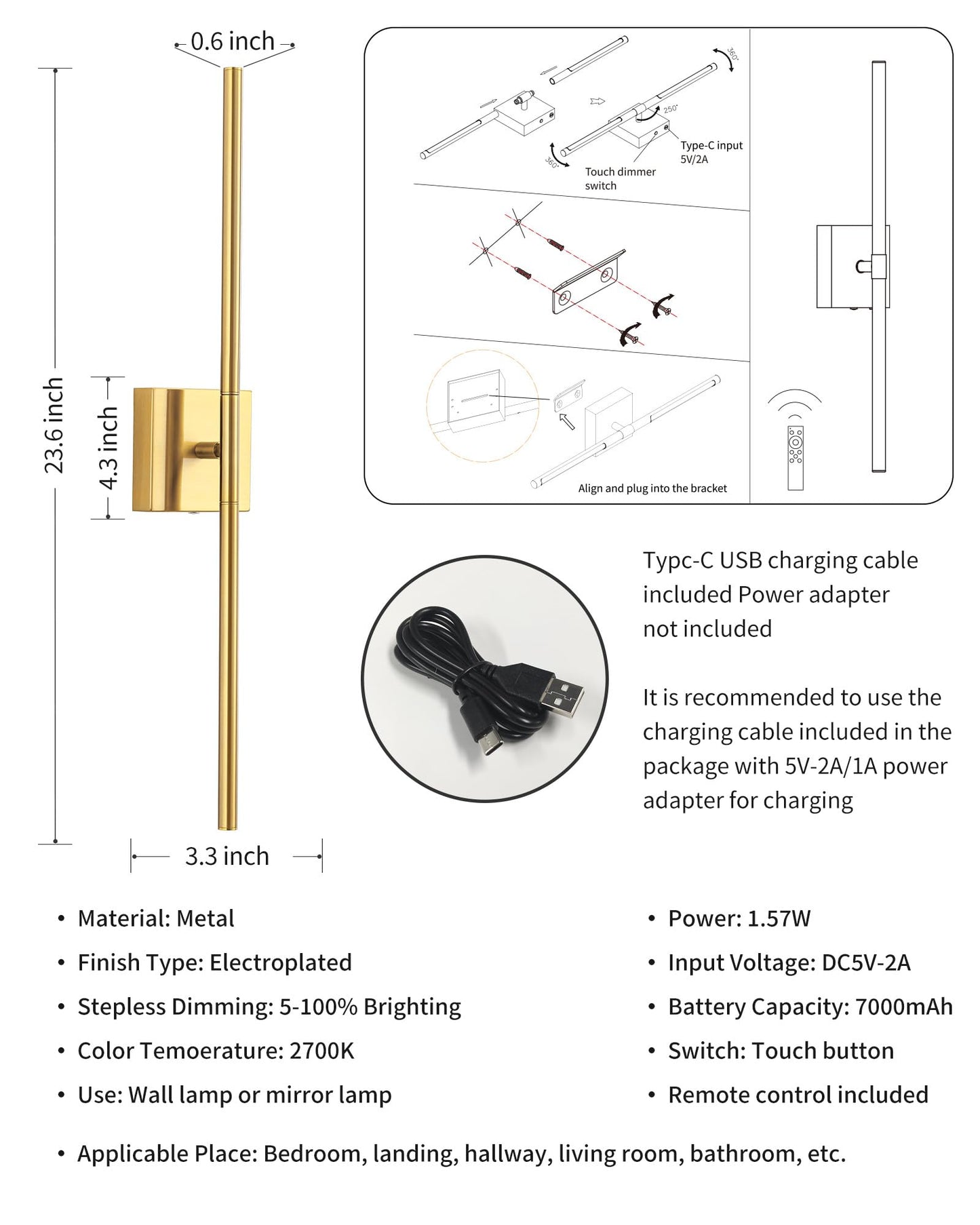 KDG Cordless Wall Sconces, LED Wall Lamps with Remote Control, 7000mAh Battery, 23.6 inch, Gold, Model AMZ-TBL-037