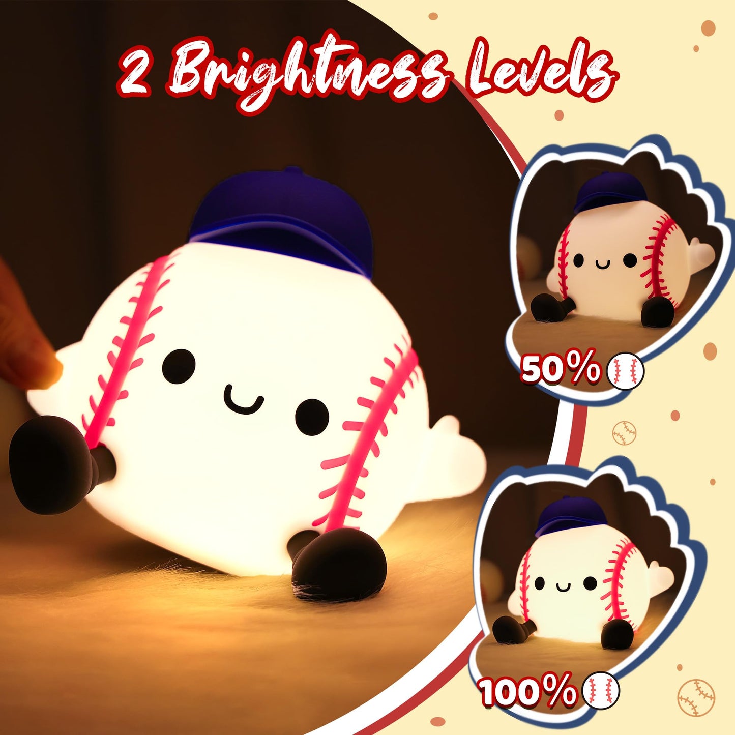 Attivilife Baseball Night Light  Baseball Gifts For Boys  Soft Silicone Nursery Bedroom Bedside Decor Dimmable Rechargeable Led Touch Lamp  Baby Kid Teen Sport Lover Athlete Birthday Christmas Gifts