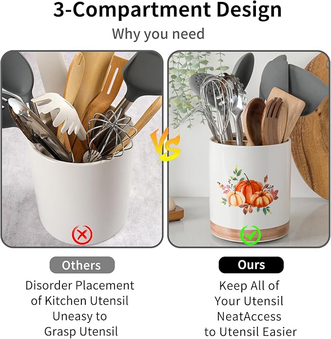 HAPPY KIT 7.6″ Utensil Holder Autumn Decor - 360° Rotating Utensil Holder Pumpkin Decor for Kitchen Counter with 3 Removable Compartment, Housewarming Gift & Farmhouse Decor