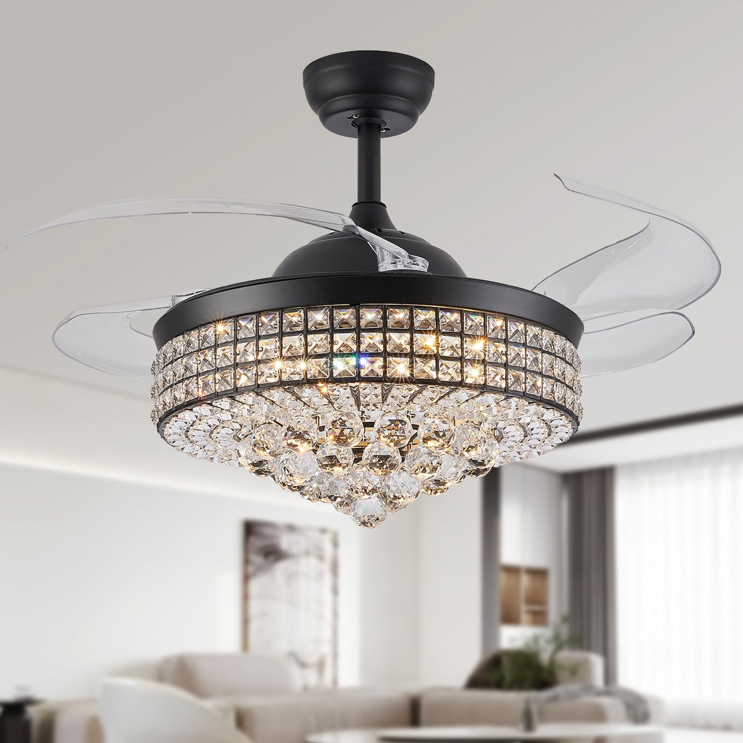 Trsiopfc 48 Inch Dimmable Crystal Fandelier Ceiling Fans With Light,Chandelier Fan With Remote Control For Bedroom/Living Room,P