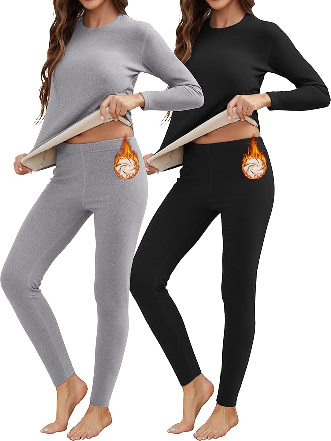 HeliosCloak 2 Sets Thermal Underwear for Women Long Johns With Fleece Lined Long Sleeve Top & Bottom Base Layer Cold Weather