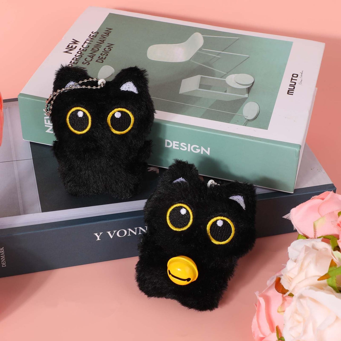 Mikovivi 2pcs Cat Plush Keychain, Adorable Black Cat Plush Keyring Charm Animal Fluffy Key Chain Kawaii Backpack Pendant Accessories for Handbags Wallets Kitty Lover Gifts