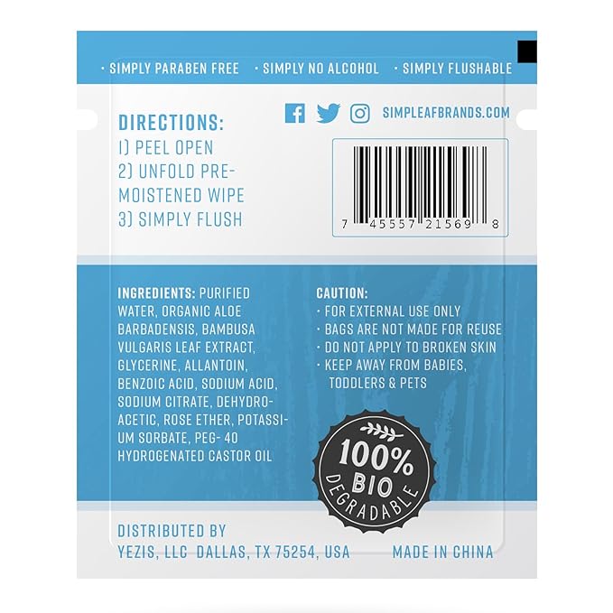 Simpleaf Flushable Unscented Single Pack Wet Wipes | Eco-Friendly Paraben & Alcohol Free | Hypoallergenic & Safe for Sensitive Skin | Soothing Aloe Vera Formula | (30 x 4 Single Pack Wipes)