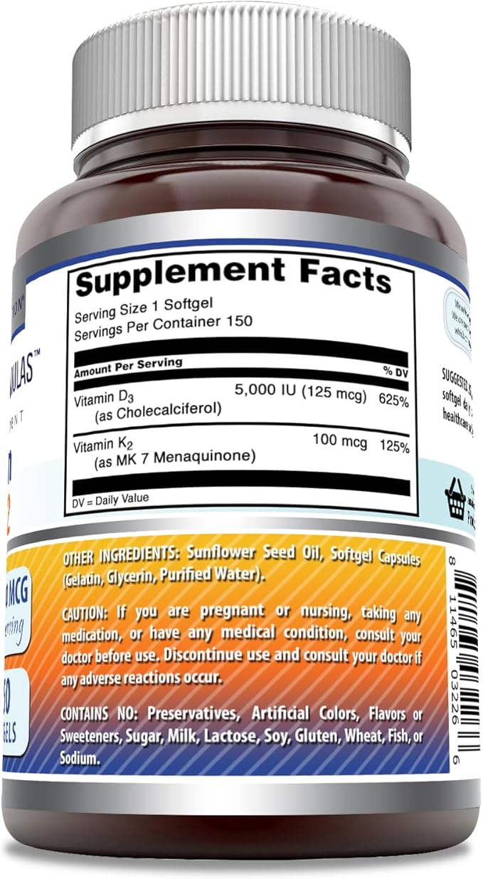 Amazing Formulas Vitamin D3 5000 IU with Vitamin K2 100 Mcg | D3 + K2 Complex Supplement | Softgels | Non-GMO | Gluten-Free | Made in USA (1 Pack, 150 Count)