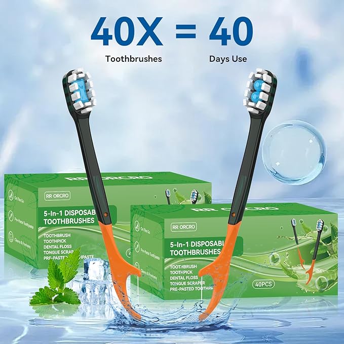 40Pack Disposable Toothbrush with Toothpaste All-in-One Oral Care Prepasted Individually Wrapped 5-in-1 Mini Toothbrush with Toothpick, Flosser, Tongue Cleaner, Perfect for Travel & On-The-Go (40P)
