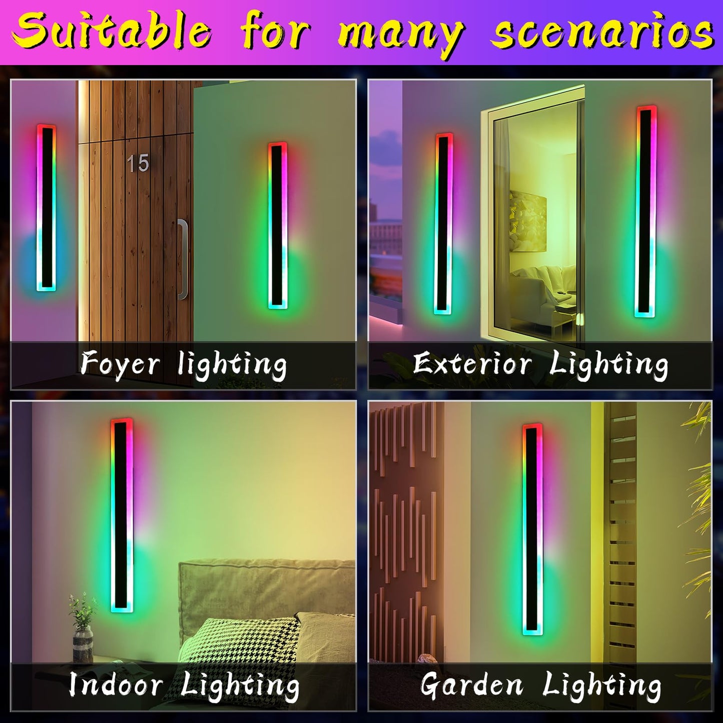 Daoseolo 2 Pack Modern Outdoor Wall Light  59Inch Rgb Led Wall Sconce  Ip65 Waterproof  10 Colors Dimmable Wall Mount Light Fixture For Fence  Garage  House  Black Aluminium  With Remote Control