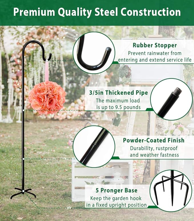 Artibear Adjustable Outdoor Shepherd Hook Stand with 5 Prong Base, 108 Inches Tall 3/5 in Thick, Shiny Black (1 Packs)