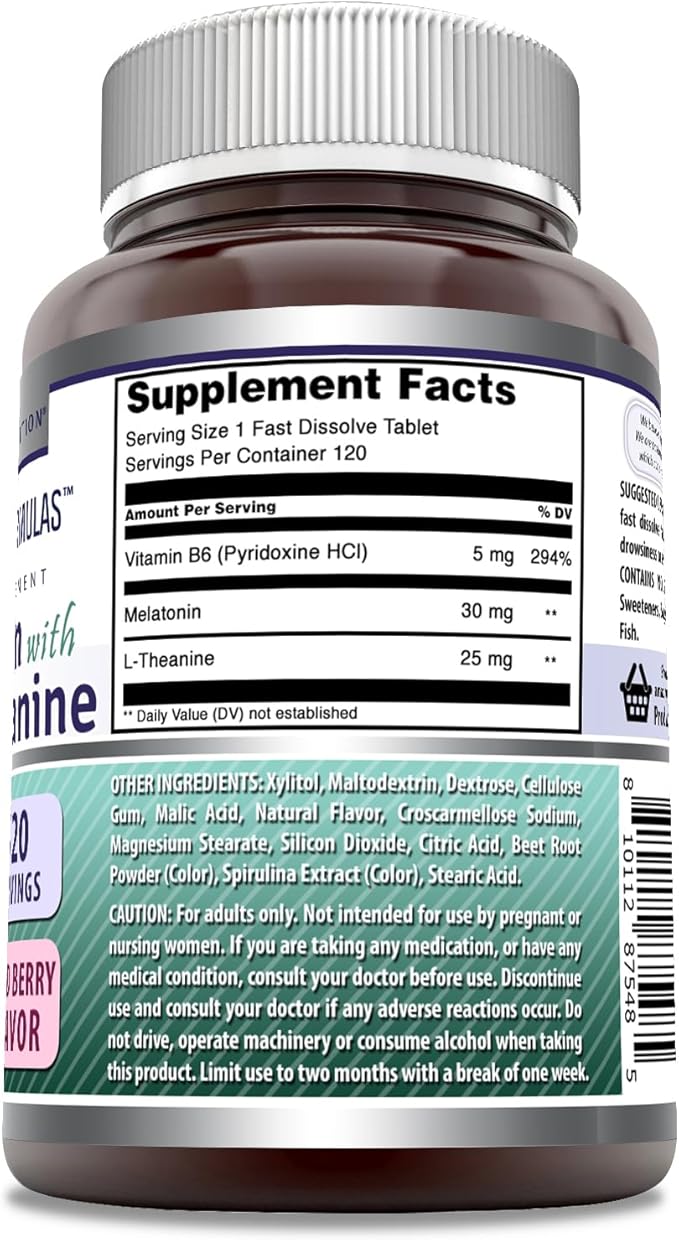 Amazing Formulas Melatonin with Vitamin B6 + L-Theanine Supplement | 30 Mg Per Serving | Mixed Berry Flavor | 120 Tablets | Non-GMO | Gluten Free | Made in USA