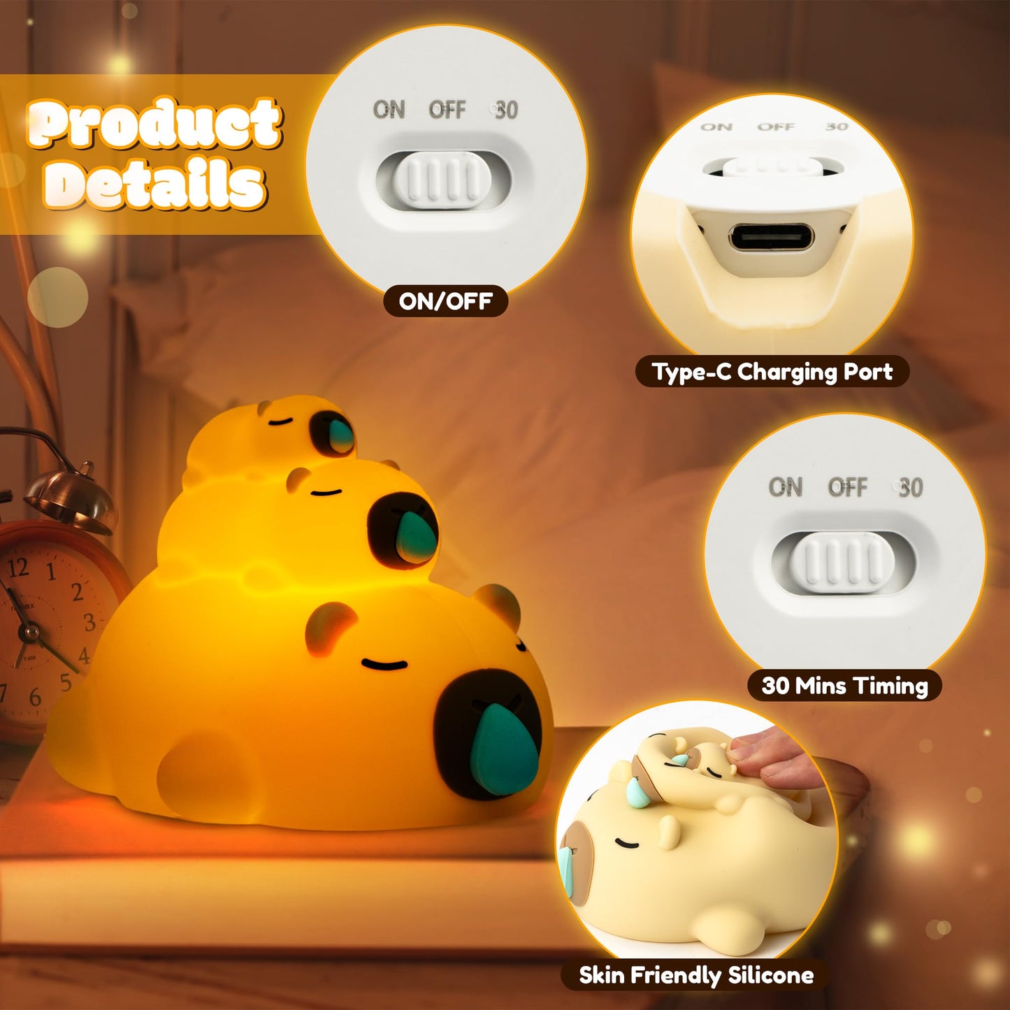 Gqiirl Capybara Night Light For Kids - Cute Capybara Nigh Lamp With 3 Levels Dimmable And Timer  Silicone Animal Touch Bedside Lamps  Rechargeable Squishy Little Nightlights For Bedroom Boy Girl Gifts
